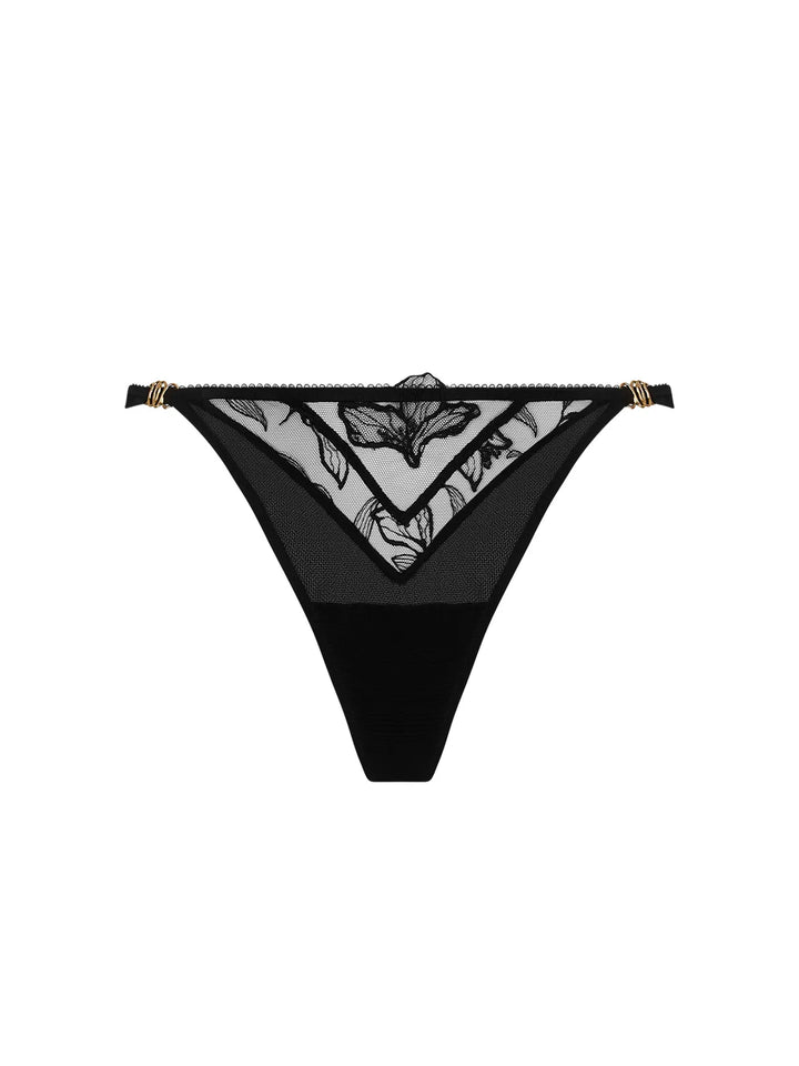 Mini tanga de tul bordado con joyas doradas