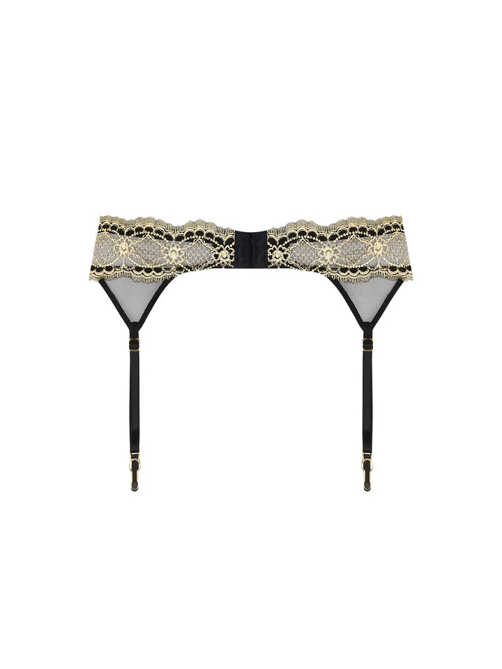 Liguero con bordado laminado sobre tul