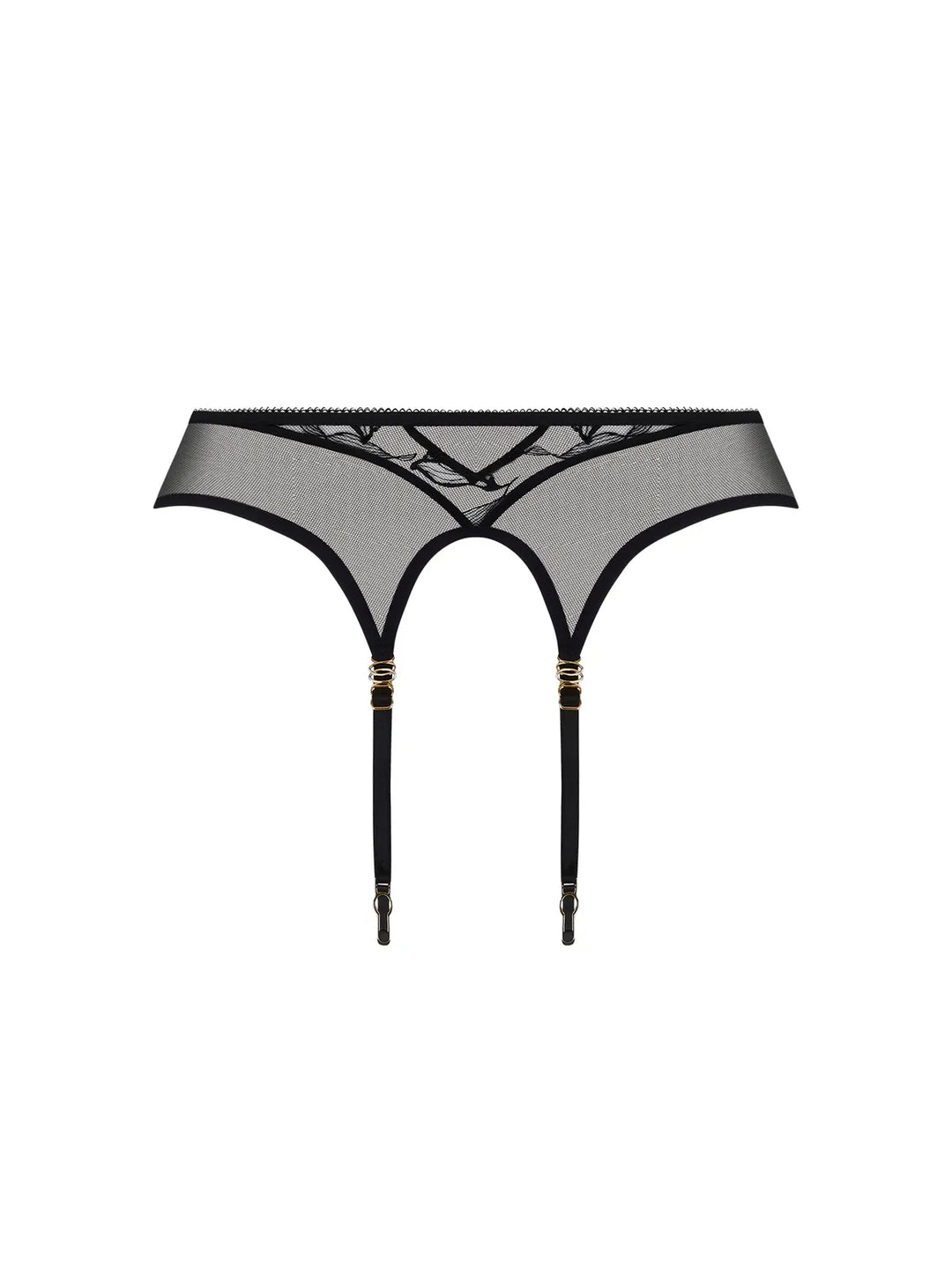 Liguero de tul bordado con cierres y joyas doradas