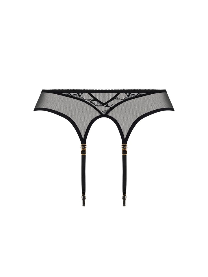 Liguero de tul bordado con cierres y joyas doradas