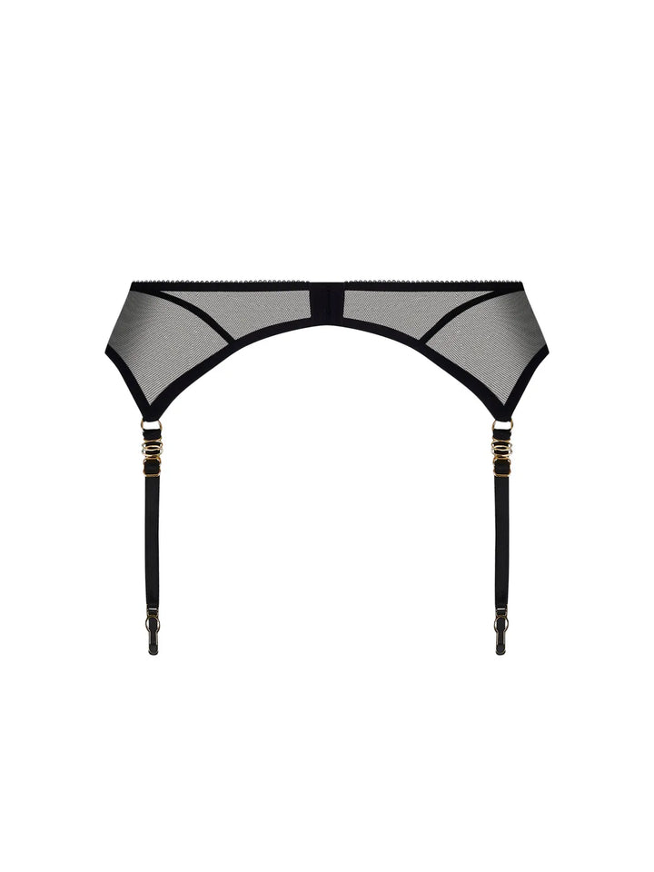 Liguero de tul bordado con cierres y joyas doradas