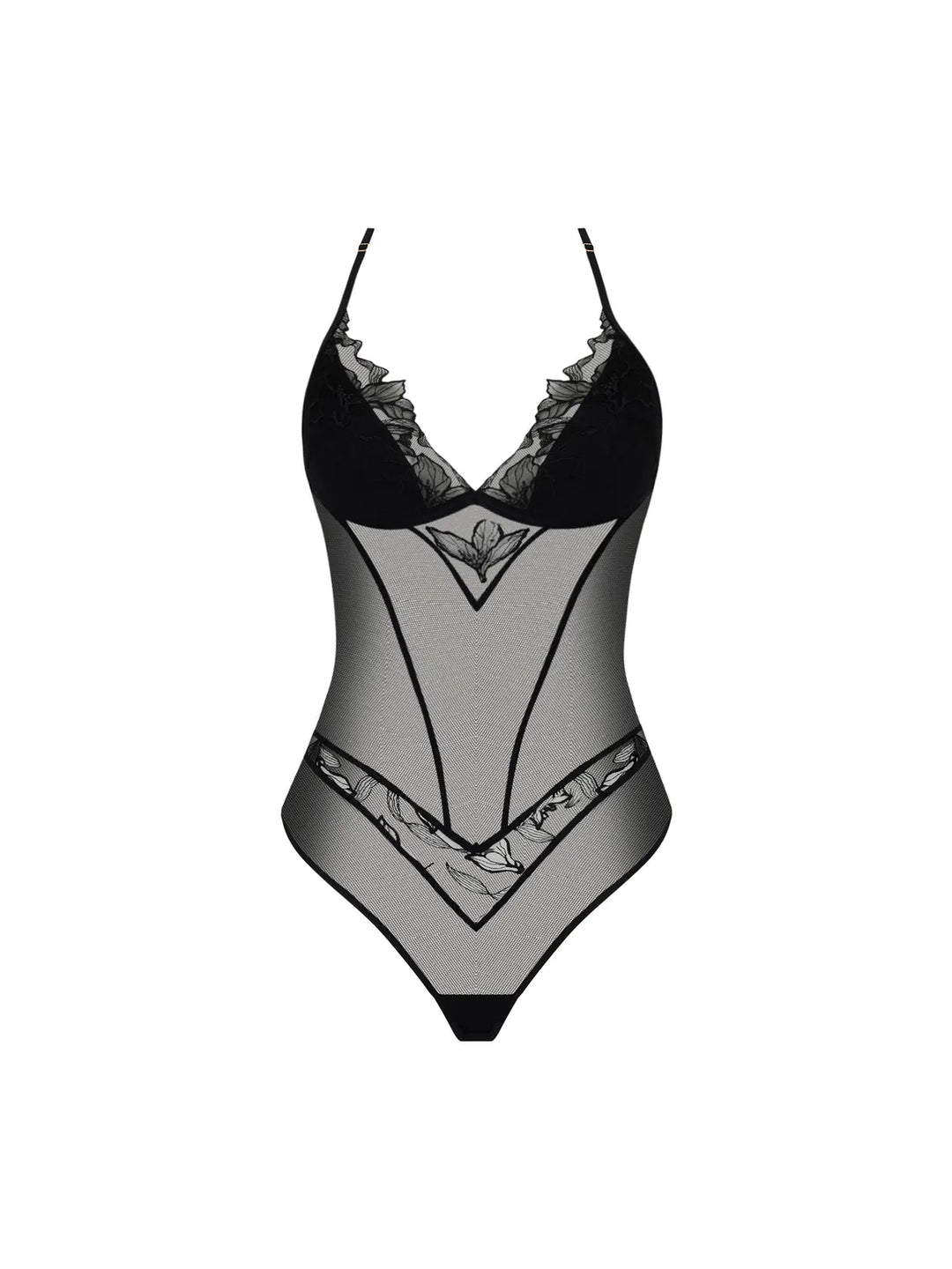 Body exterior bordado con transparencias y organza