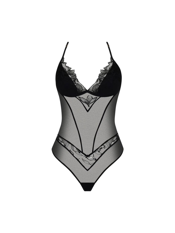 Body exterior bordado con transparencias y organza