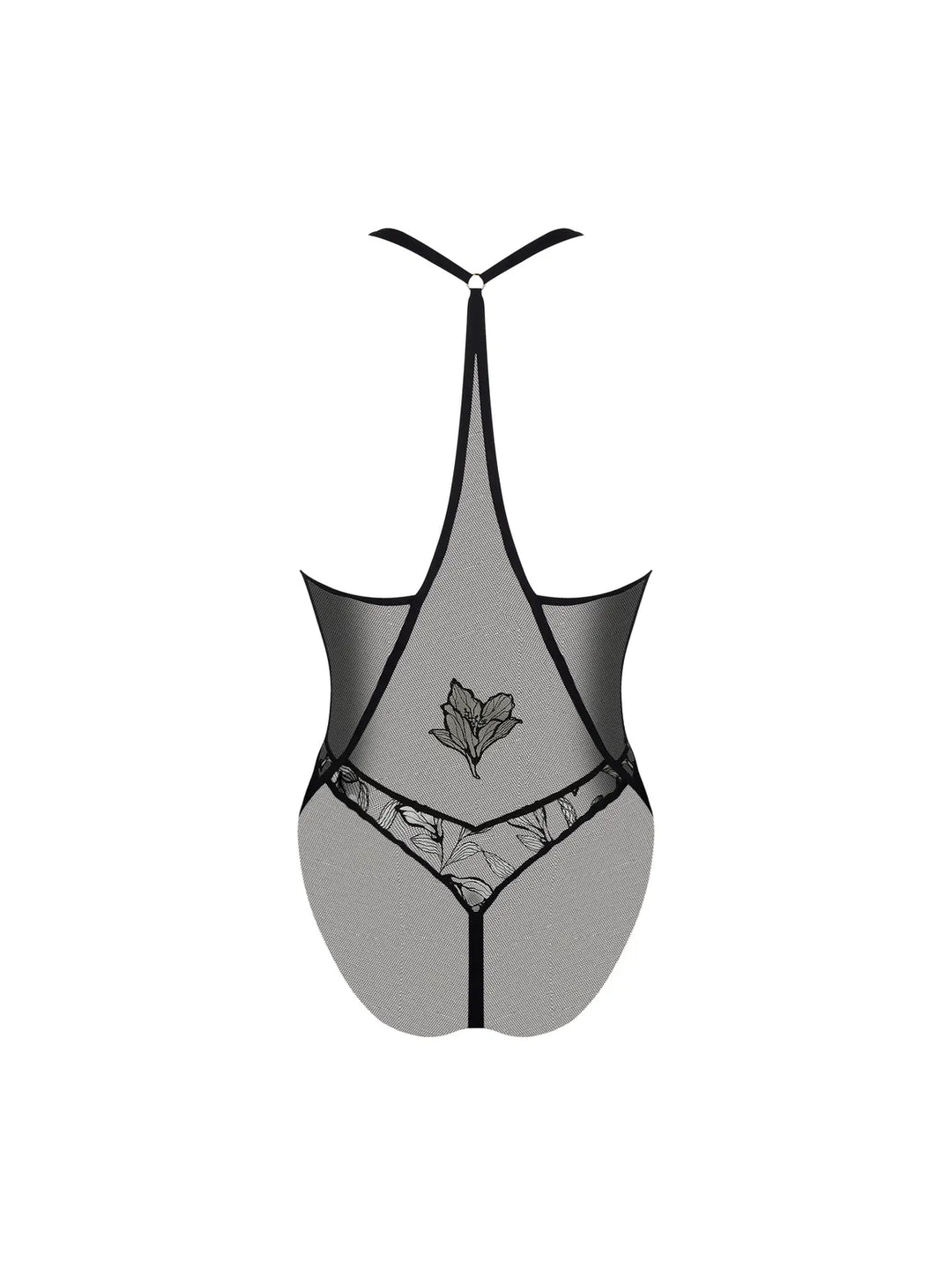 Body exterior bordado con transparencias y organza