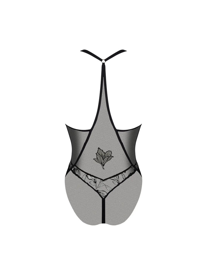 Body exterior bordado con transparencias y organza