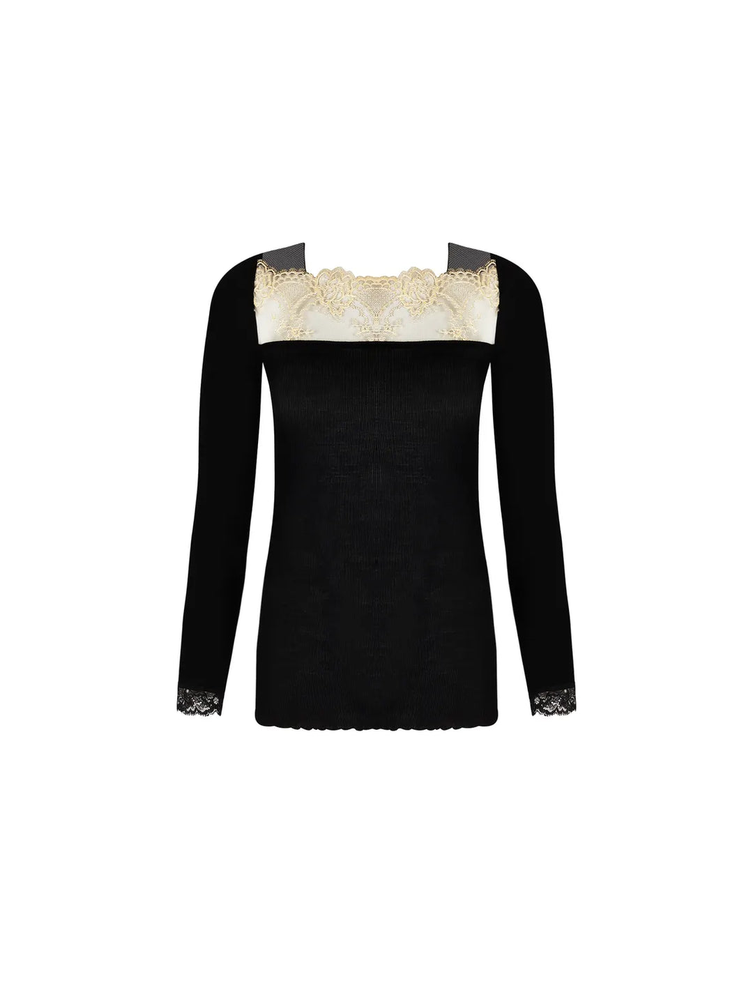 Camiseta manga larga lana y seda con bordado laminado