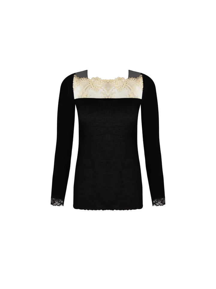 Camiseta manga larga lana y seda con bordado laminado