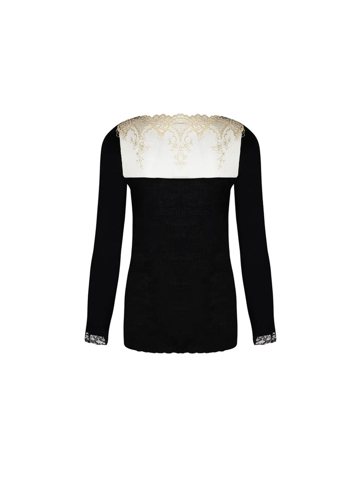 Camiseta manga larga lana y seda con bordado laminado