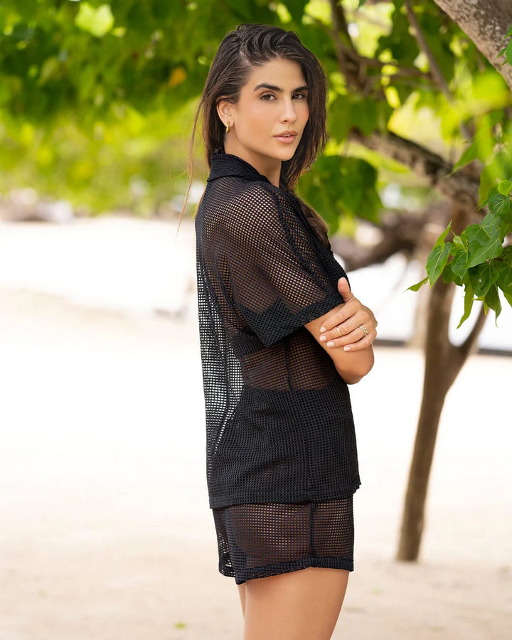 Camiseta playera en malla con botones tipo carey-Camiseta-Blonda